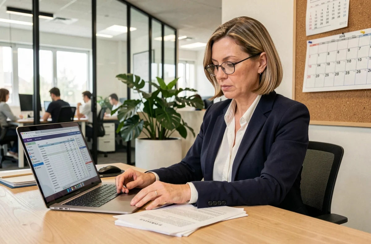 Comptable femme analysant les documents du bilan comptable 2026 dans un bureau moderne
