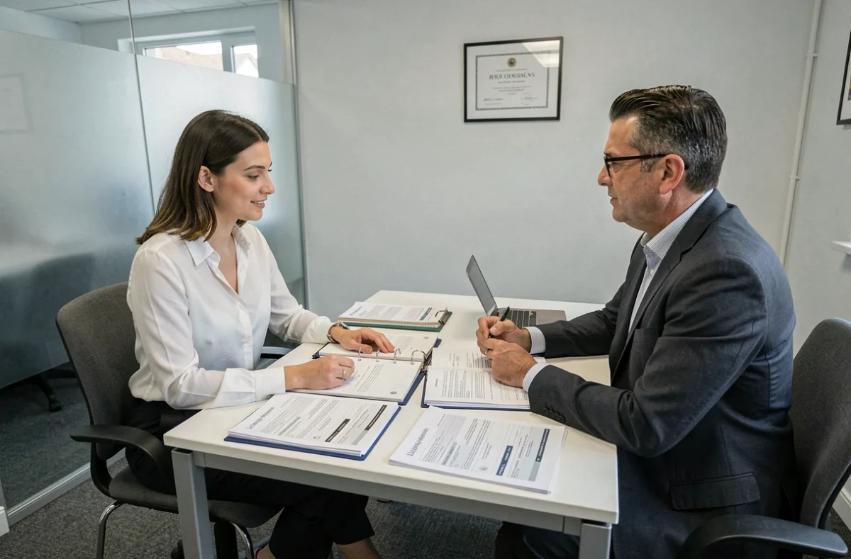 Comptable et propriétaire LMNP analysant des justificatifs fiscaux dans un cabinet comptable