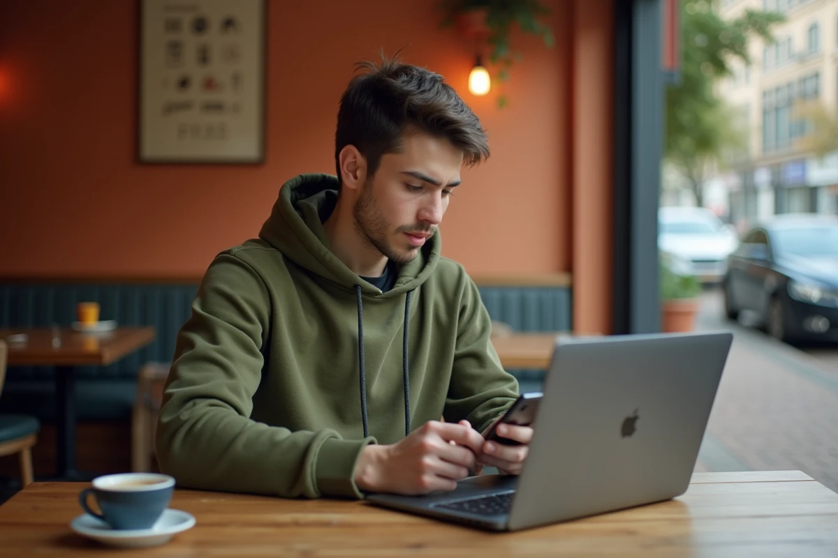 Jeune adulte configurant et optimisant l'application mobile LCL sur smartphone dans un café urbain avec ordinateur portable