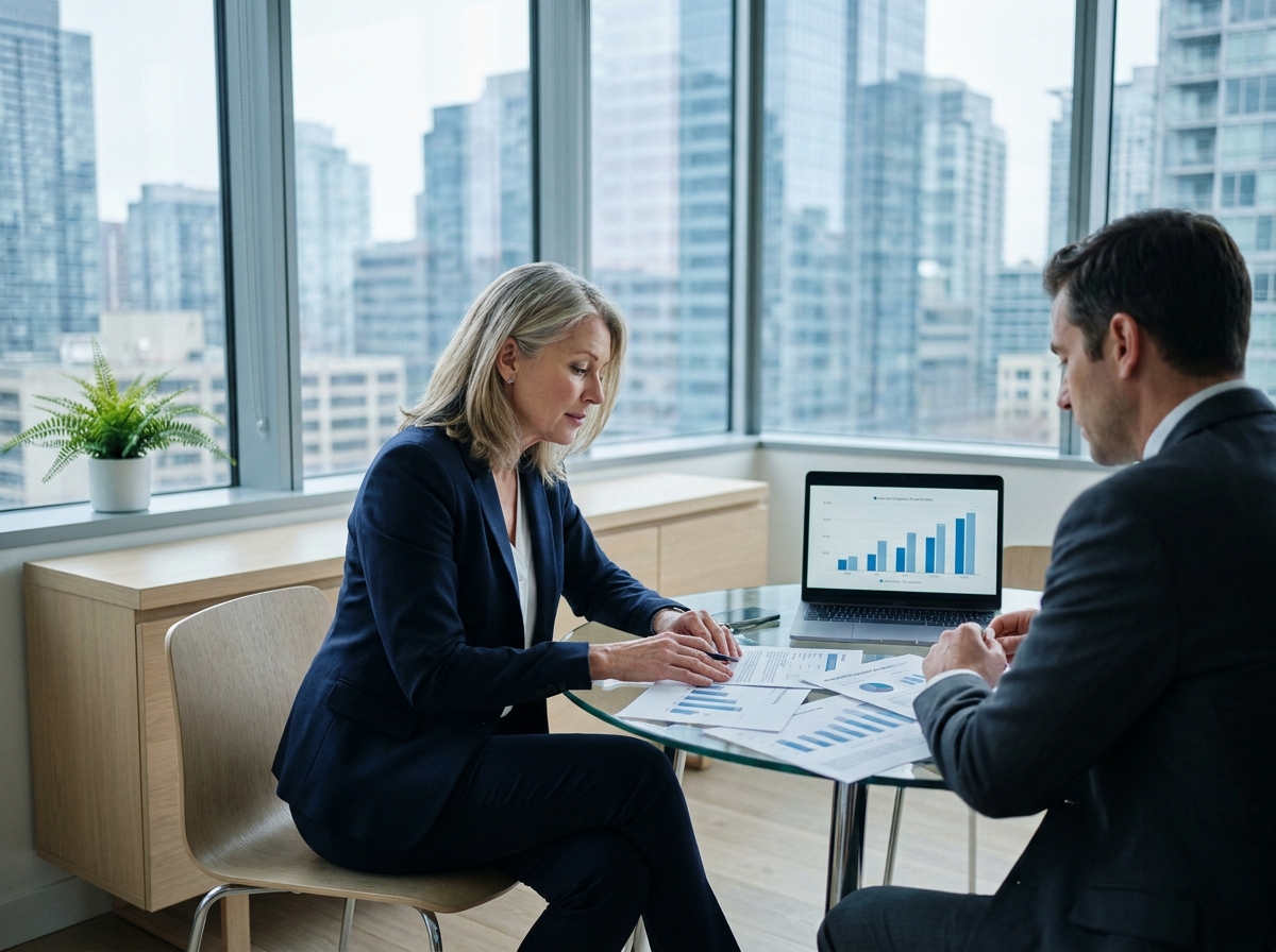 Femme en rendez-vous avec un conseiller immobilier pour préparer sa retraite via l'investissement locatif
