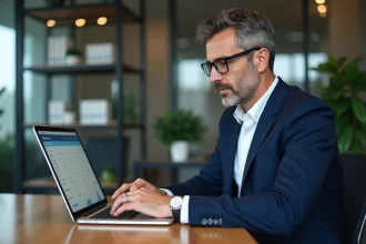 Conseiller en banque privée consultant une interface de virement bancaire sur ordinateur portable dans un bureau élégant