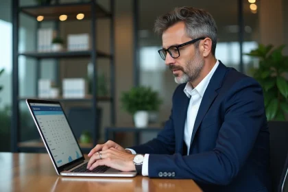 Conseiller en banque privée consultant une interface de virement bancaire sur ordinateur portable dans un bureau élégant