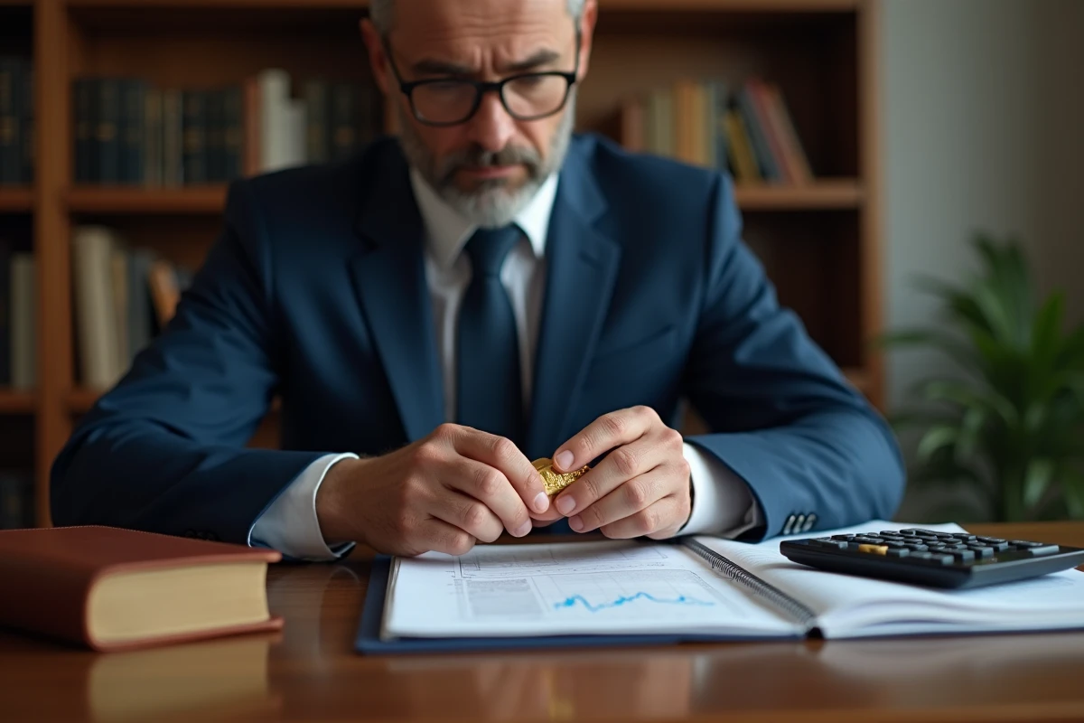 Conseiller financier tenant un lingot d'or 250g dans un bureau professionnel avec des documents de prix