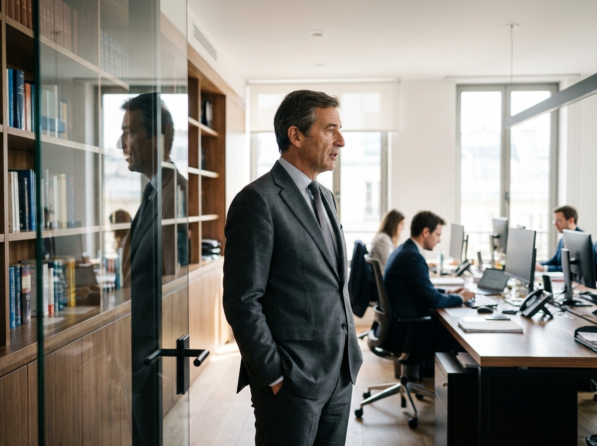 Homme français en costume dans un bureau financier moderne