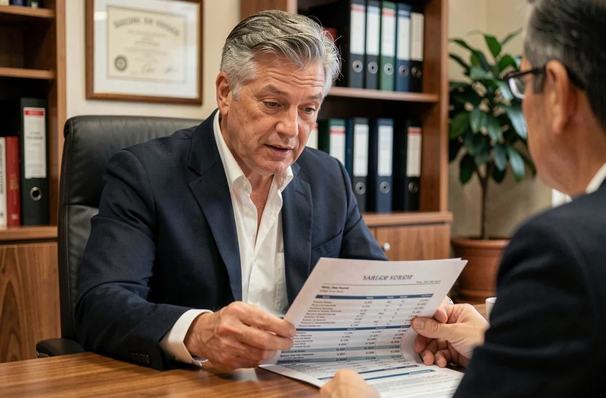 Conseiller fiscal expliquant un bulletin de salaire détaillé à son client, abordant l'imposition des heures supplémentaires et le calcul de l'impôt sur le revenu