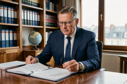 Conseiller en investissement immobilier étudiant les documents fiscaux liés aux SCPI étrangères dans un bureau professionnel