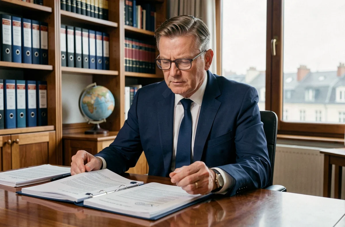 Conseiller en investissement immobilier étudiant les documents fiscaux liés aux SCPI étrangères dans un bureau professionnel