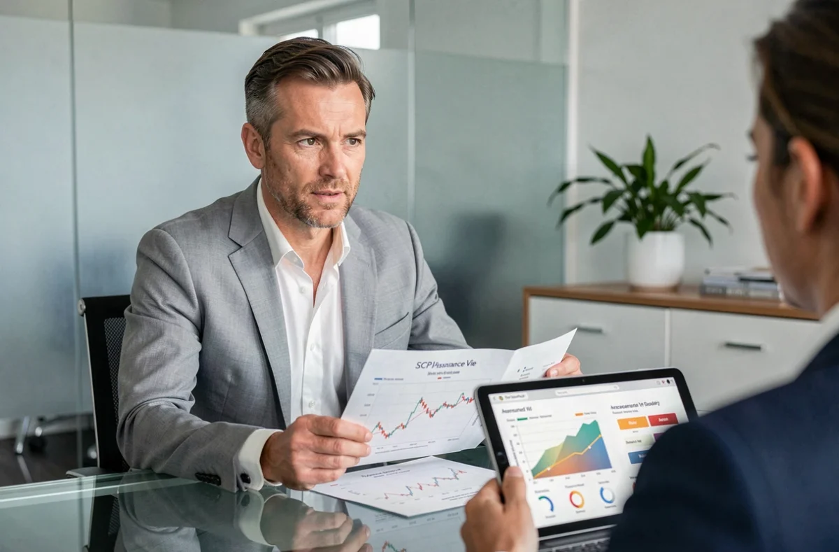 Conseiller en gestion de patrimoine présentant une simulation de SCPI en assurance vie à un client
