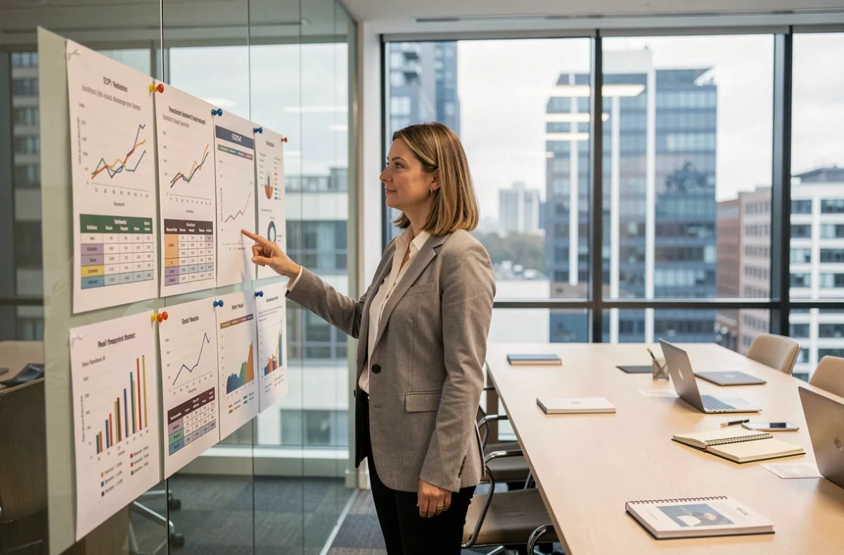 Une conseillère financière présente un comparatif de rendements SCPI sur un tableau en salle de réunion