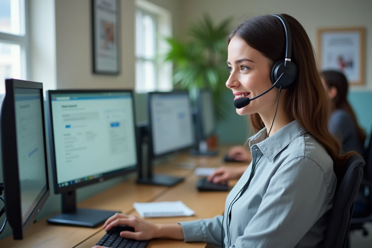 Conseillère service client assistant un assuré pour l'accès au portail en ligne d'une compagnie d'assurance