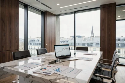 Bureau moderne de gestion de patrimoine dans les Hauts-de-Seine avec vue sur Paris et documents financiers