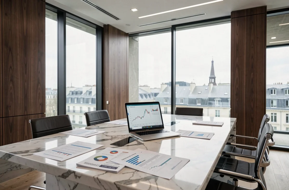 Bureau moderne de gestion de patrimoine dans les Hauts-de-Seine avec vue sur Paris et documents financiers