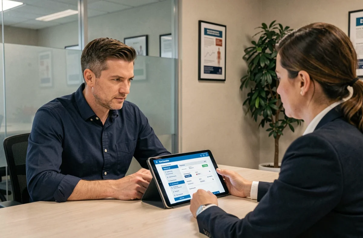 Homme en consultation avec un conseiller mutuelle santé dans un bureau professionnel moderne
