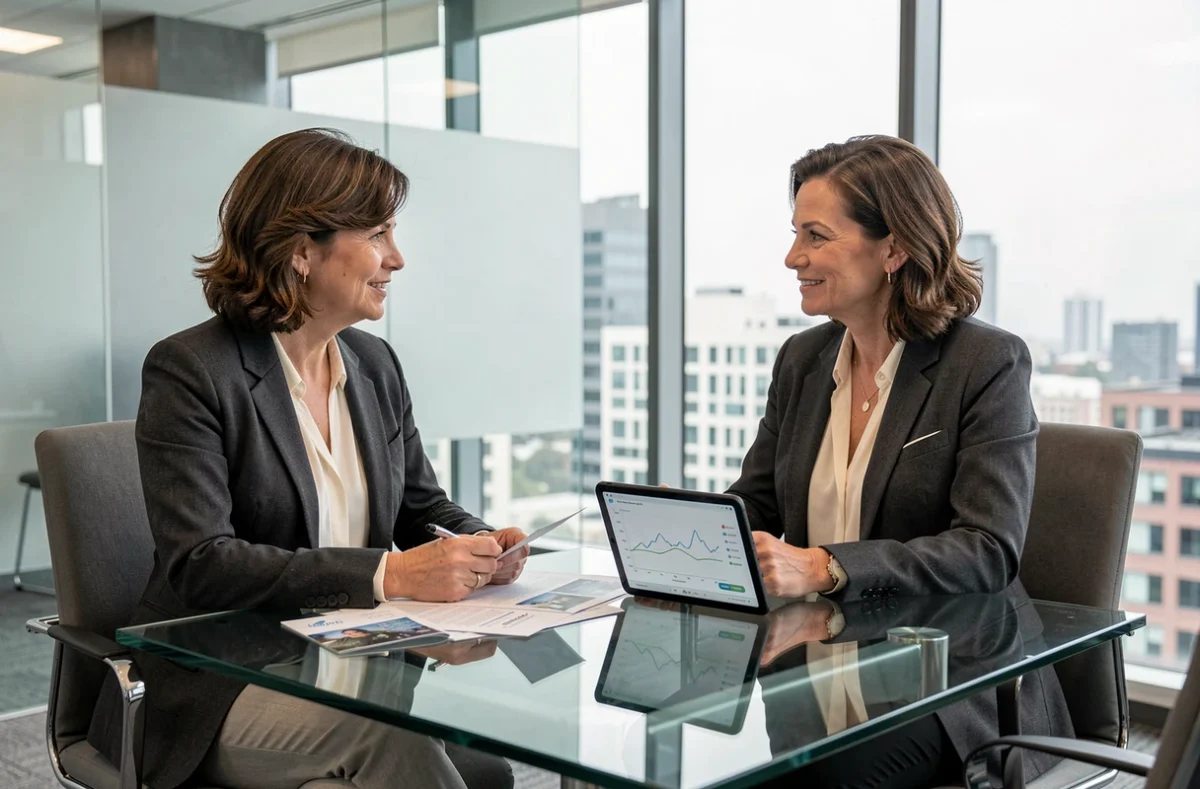 Femme en consultation avec un conseiller financier pour optimiser sa fiscalité via une SCPI dans un bureau professionnel moderne