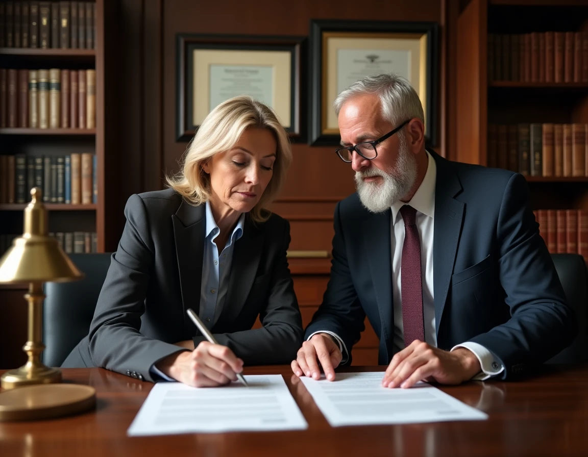 Deux professionnels examinant des documents de constitution d'une société offshore lors d'une consultation juridique dans un cabinet privé