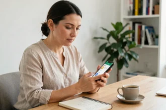 Femme consultant un outil de conversion dirhams en euros sur smartphone dans un bureau à domicile
