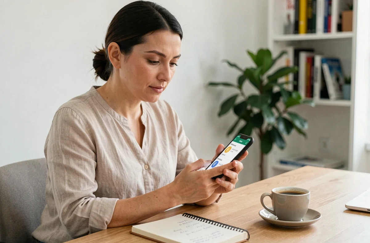 Femme consultant un outil de conversion dirhams en euros sur smartphone dans un bureau à domicile