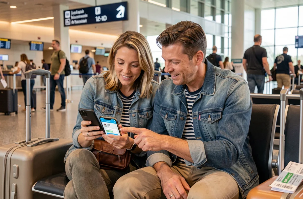 Couple à l'aéroport consultant un comparateur d'assurance voyage sur smartphone avant leur départ