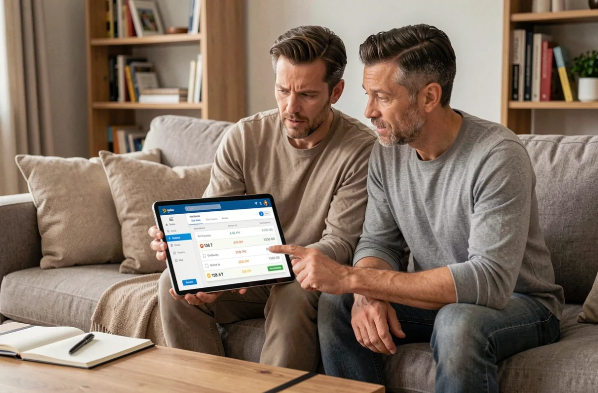 Couple analysant ensemble un relevé bancaire en ligne sur une tablette pour retrouver un prélèvement de 108 euros