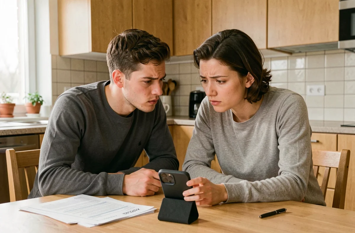 Couple passant un appel au service client Cofidis depuis leur cuisine, entouré de documents financiers