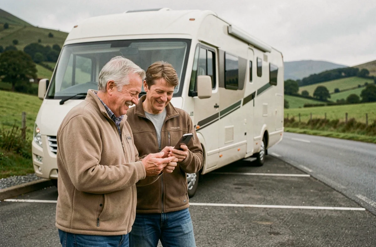 Couple souscrivant une assurance camping-car depuis un smartphone au bord de la route lors d'un voyage