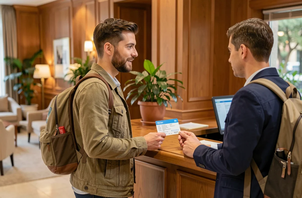 Couple présente sa carte d'assurance voyage à la réception d'un hôtel à l'étranger
