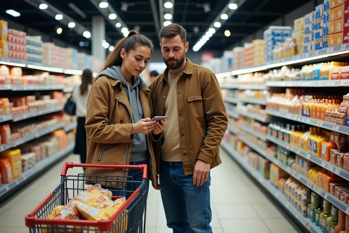Couple vérifiant leur budget courses au supermarché avec un smartphone, symbolisant l'impact du pouvoir d'achat et du salaire net en 2026