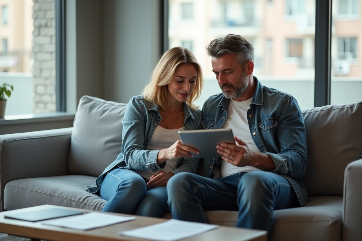 Couple comparant les fonctionnalités de Filibanque CIC et de l'application Ma Banque sur une tablette dans leur salon