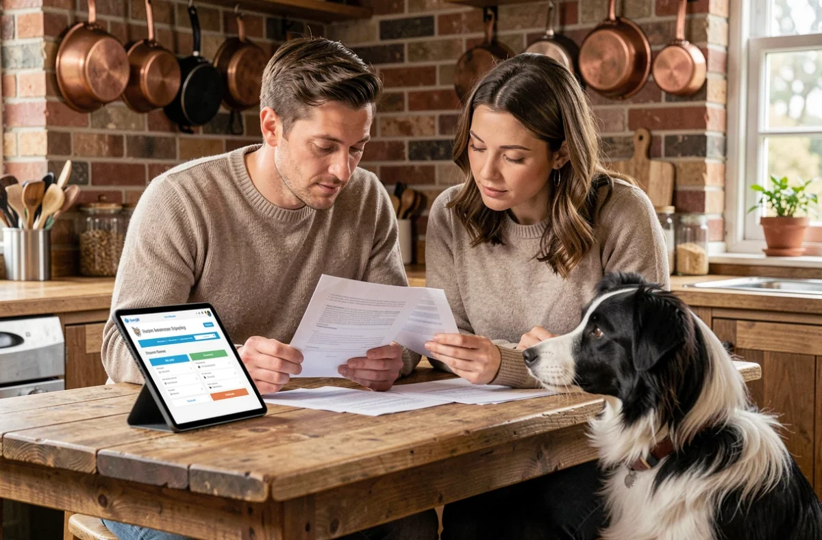 Couple étudiant des documents d'assurance mutuelle pour chien à la maison avec leur border collie