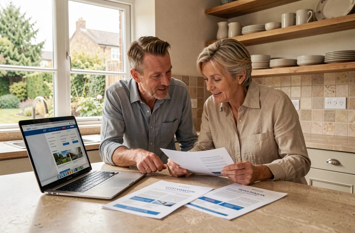 Un couple compare des placements SCPI sur un ordinateur portable dans leur cuisine moderne