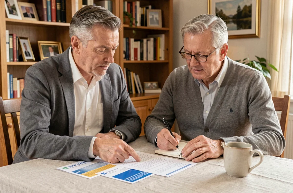 Couple en train d'examiner un contrat d'assurance vie et des documents SCPI à leur domicile