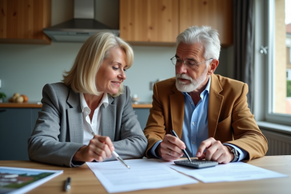 Couple français examine des documents notariés à la maison