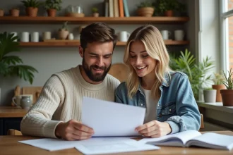 Jeune couple dans la cuisine en train de revoir des documents