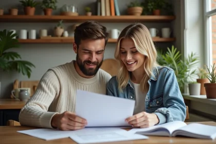 Jeune couple dans la cuisine en train de revoir des documents