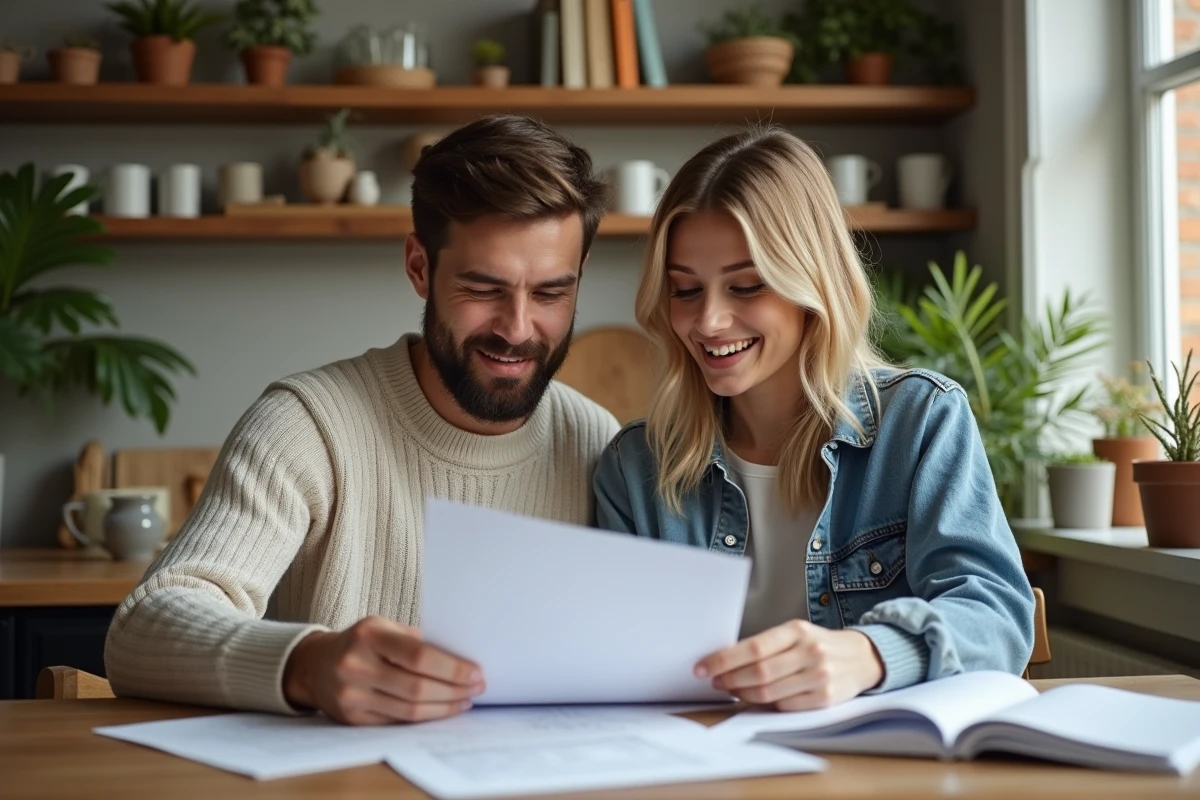 Jeune couple dans la cuisine en train de revoir des documents