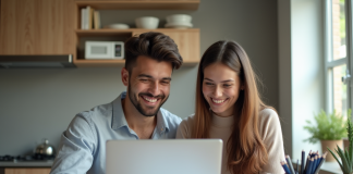 Jeune couple souriant à la cuisine avec documents financiers