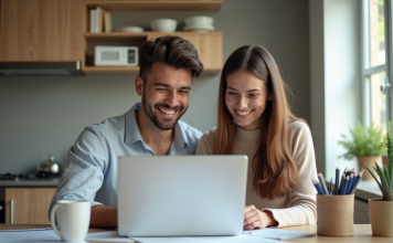 Jeune couple souriant à la cuisine avec documents financiers