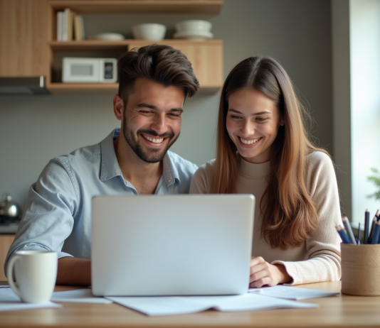 Jeune couple souriant à la cuisine avec documents financiers