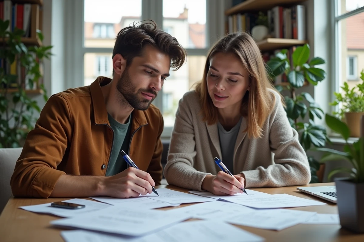 Jeune couple français discutant de leur simulation fiscale à la maison