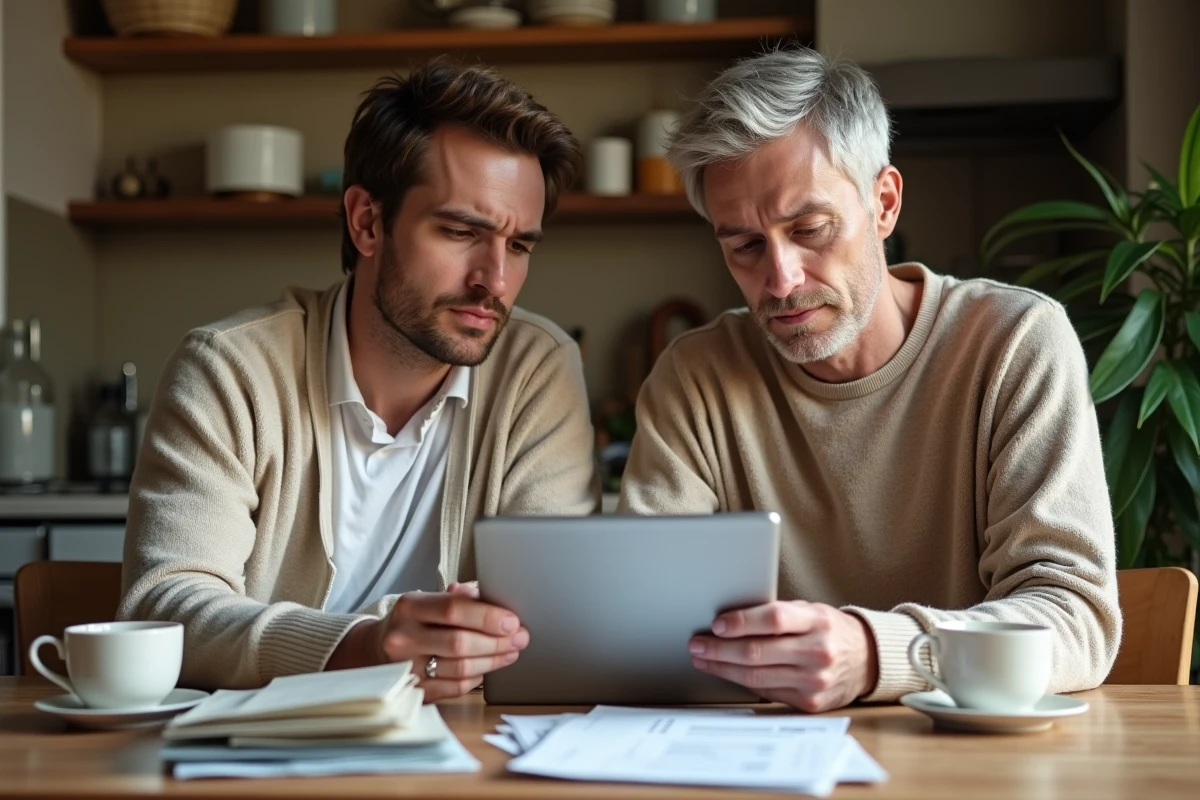 Couple examinant des relevés bancaires et une tablette à la maison, illustrant les avantages et limites de la banque à distance en France