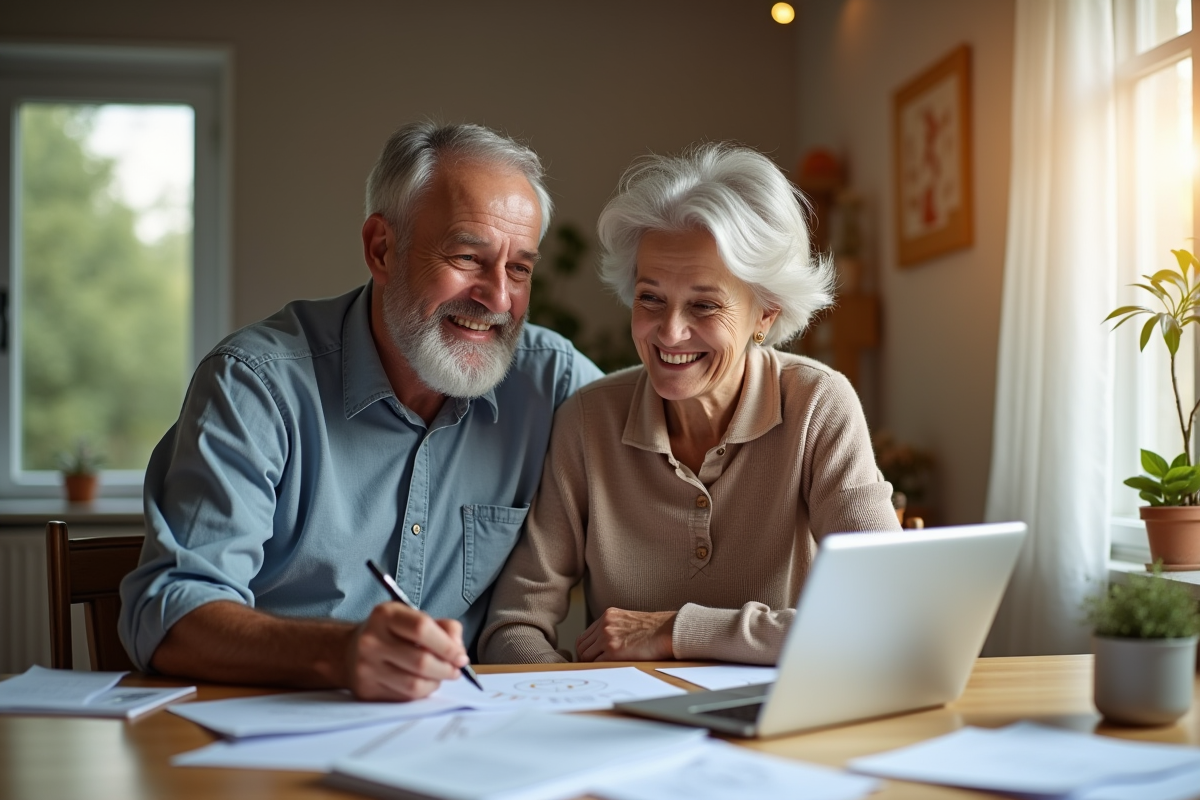 Couple heureux examinant leurs finances à la maison