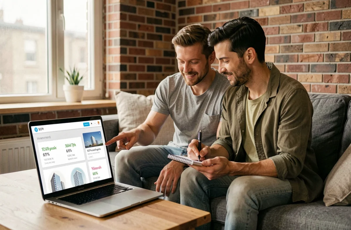 Couple de jeunes investisseurs explorant une plateforme de SCPI en ligne depuis leur salon
