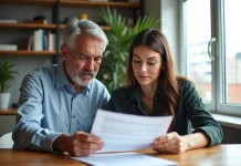 Analyse de l’impact direct des variations de taux d’intérêt sur la capacité d’emprunt des ménages Couple d'adultes lisant des documents de prêt immobilier