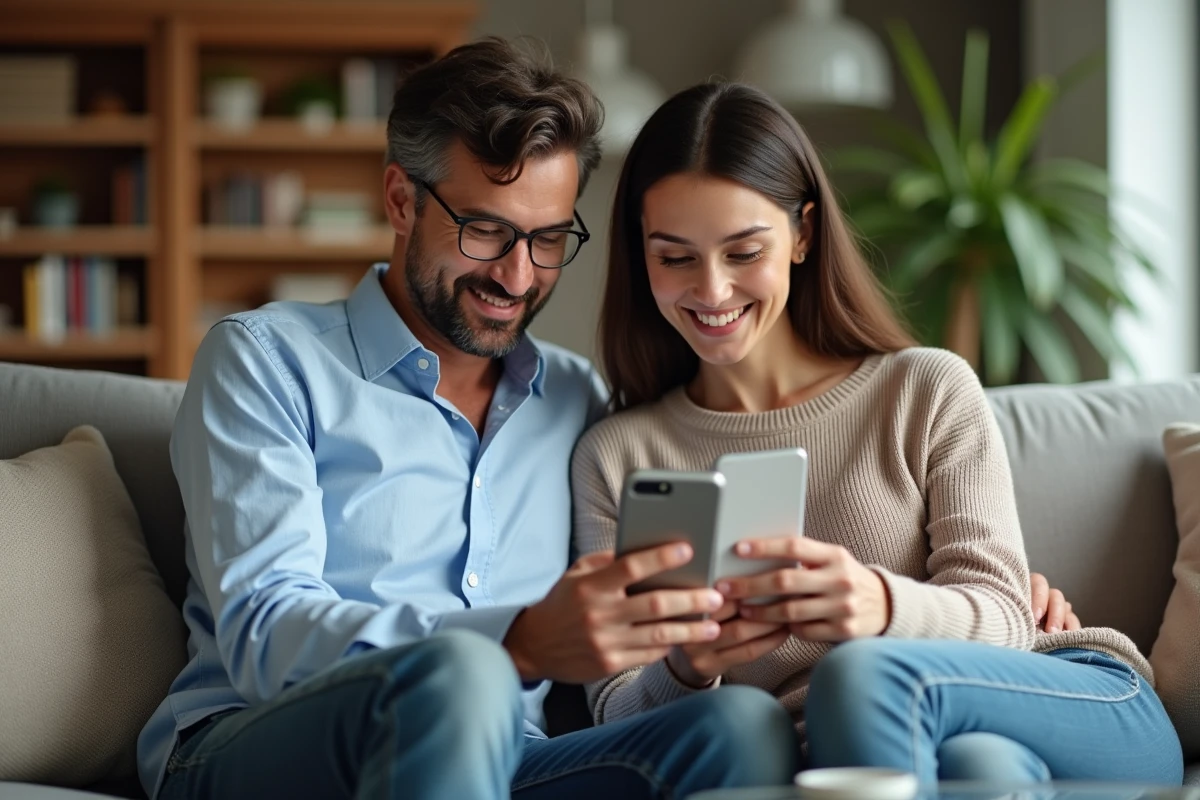 Couple paramétrant ensemble l'application Banque Privée BNP Paribas sur smartphone dans un salon moderne