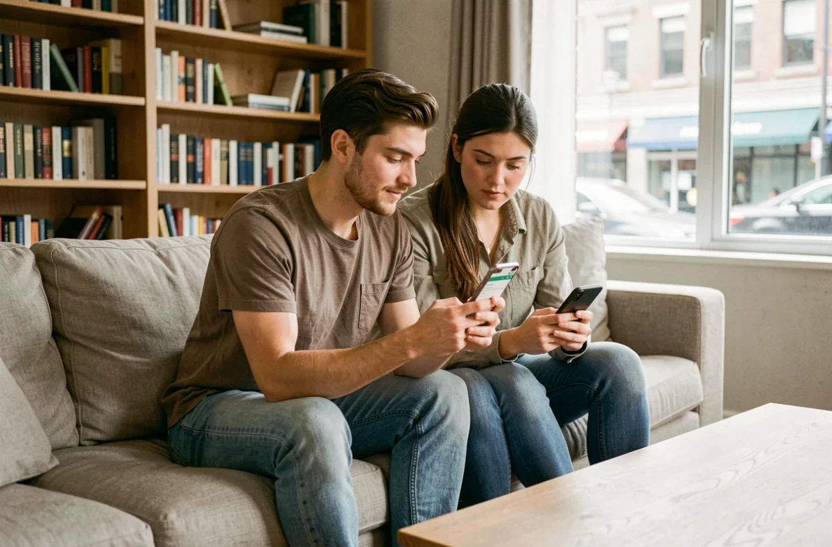 Jeune couple recherchant une mutuelle santé adaptée à leur budget sur un smartphone dans leur salon