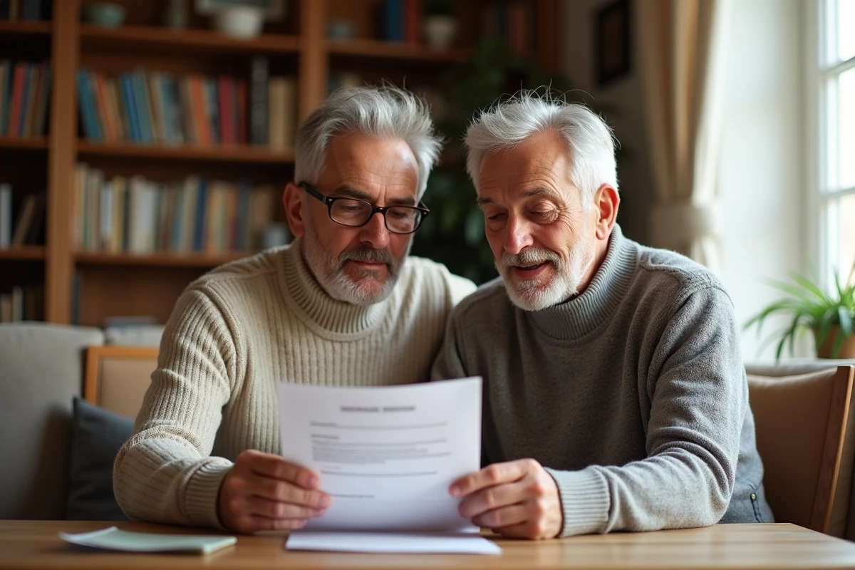 Couple lisant une lettre de remboursement d'assurance Pacifica dans leur salon, expression soulagée