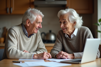 Couple retraité français discutant à la cuisine