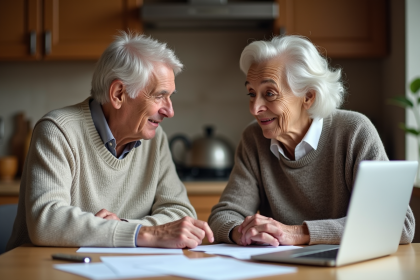 Couple retraité français discutant à la cuisine