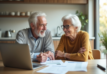 Couple senior discutant finances de retraite à la maison