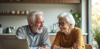 Couple senior discutant finances de retraite à la maison